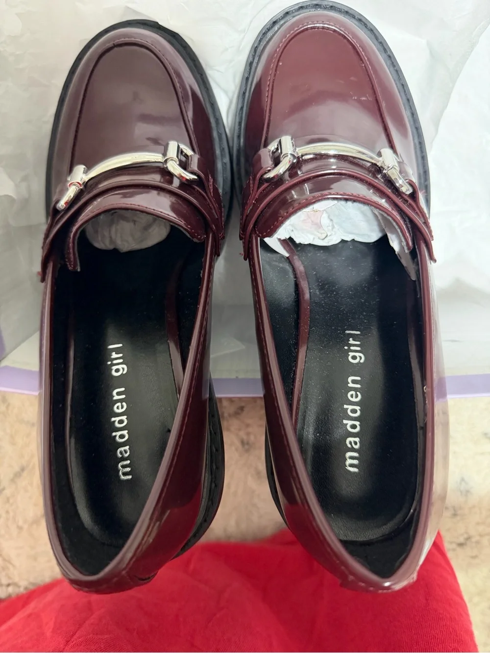 Madden Girl burgandy brown-mahogany platform loafers with heels.